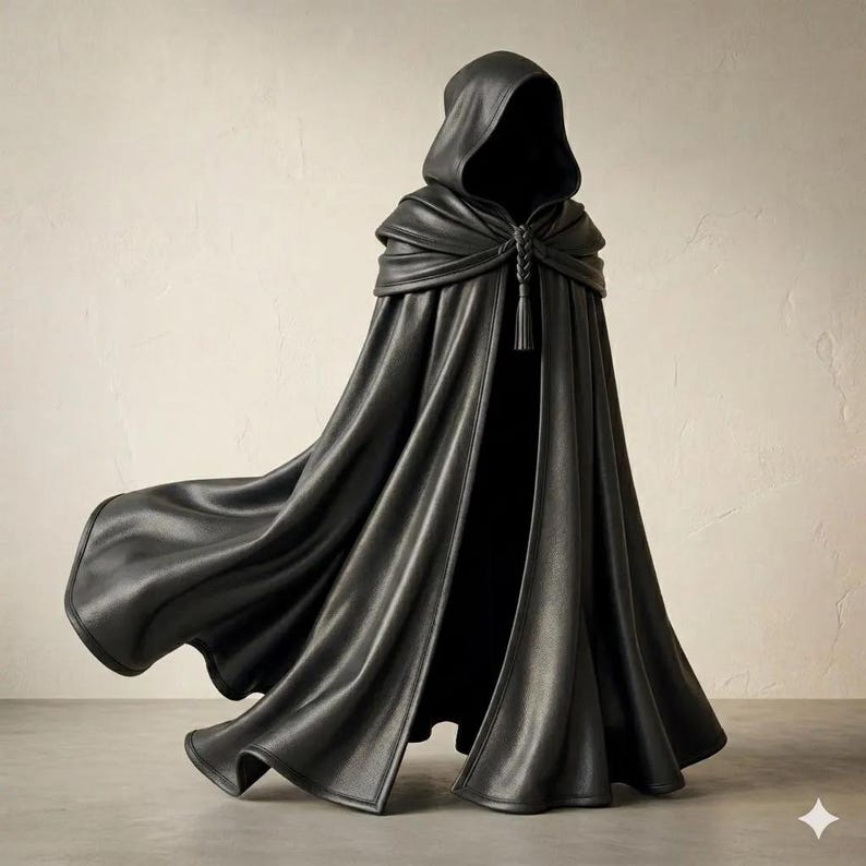 Black leather cloak, gothic cape, fantasy costume, medieval cloak, LARP gear, viking clothing, custom leather cape, dark aesthetic, witch cloak, renaissance fair, warrior cloak, handmade leather, luxury costume, cosplay mantle, hooded cloak, leather garment, witchy attire, dark fantasy armor, mage cape, rogue costume, medieval leather, elegant cape, custom fit cloak, premium leather wear, dark fashion, theater costume, unique leather cape, black cape with hood, assassin cloak, ritual wear.