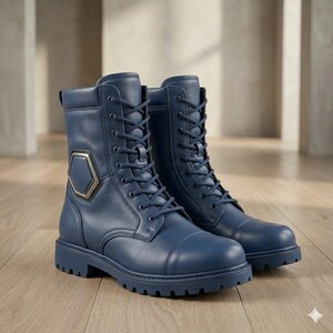 May include: A pair of navy blue leather lace-up boots featuring a smooth finish, a rounded toe cap, and a prominent hexagonal metallic emblem on the outer side. The boots have matching blue laces, dark eyelets, and a thick, lugged rubber sole.
