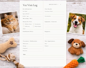 Registro de visitas veterinarias imprimible / Registro de salud de mascotas / Registro médico de perros y gatos / Plantilla A4 para el cuidado de mascotas