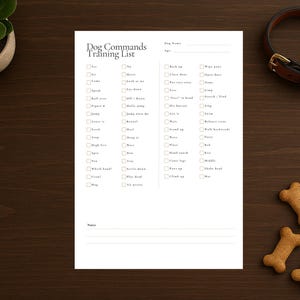 May include: A white "Dog Commands Training List" on a dark wood surface. The list includes checkboxes for various commands. A brown leather dog collar and three bone-shaped dog treats are also visible.