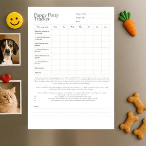 May include: A refrigerator with a puppy potty tracker, photos of a dog and cat, and magnets. The magnets include a yellow smiley face, a red heart, a green carrot, and dog bone shapes.