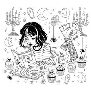 Puede incluir: Ilustraci&oacute;n en blanco y negro de una persona leyendo un libro con una calavera en la portada. La escena incluye cupcakes con calaveras, ara&ntilde;as, lunas y candelabros.