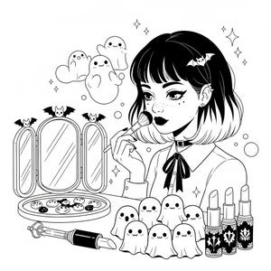 Puede incluir: Ilustraci&oacute;n en blanco y negro de una mujer maquill&aacute;ndose. La imagen presenta un espejo de tocador, l&aacute;piz labial y figuras de fantasmas sonrientes. Tambi&eacute;n se incluyen murci&eacute;lagos y estrellas.