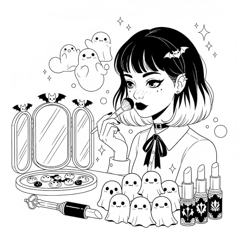 Puede incluir: Ilustraci&oacute;n en blanco y negro de una mujer maquill&aacute;ndose. La imagen presenta un espejo de tocador, l&aacute;piz labial y figuras de fantasmas sonrientes. Tambi&eacute;n se incluyen murci&eacute;lagos y estrellas.