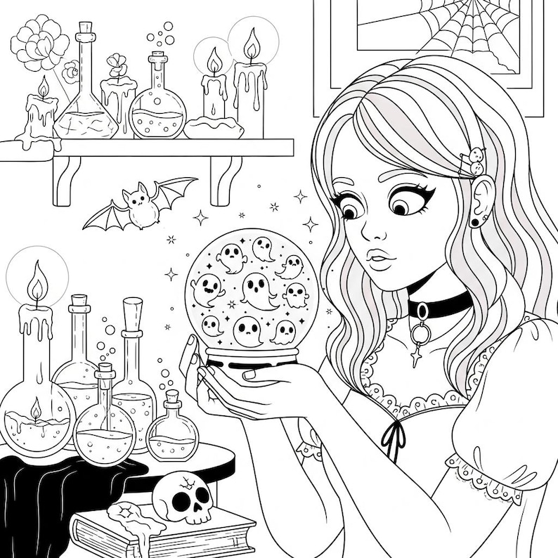 Puede incluir: Ilustraci&oacute;n en blanco y negro de una persona mirando una bola de cristal llena de fantasmas. La escena incluye velas, botellas de pociones, un murci&eacute;lago, una calavera y un libro, creando un tema g&oacute;tico y espeluznante.