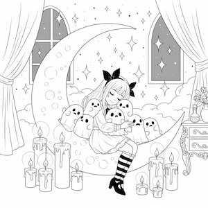 Puede incluir: Ilustraci&oacute;n en blanco y negro de una ni&ntilde;a sentada en una luna creciente, rodeada de fantasmas. La escena incluye velas encendidas, estrellas y una ventana. La ni&ntilde;a lleva un vestido, un lazo y calcetines a rayas.