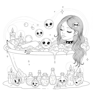 Puede incluir: Ilustraci&oacute;n en blanco y negro de una mujer en una ba&ntilde;era llena de burbujas. La mujer tiene el pelo largo y lleva un collar de pinchos. Alrededor de la ba&ntilde;era hay velas y botellas de pociones. Las burbujas tienen caras.