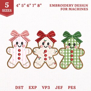 May include: Three gingerbread person embroidery designs for machines in 5 sizes from 4 to 8 inches. The left figure has pink stripes, the centre has a holly pattern, and the right has a green gingham pattern. Each features a bow and red buttons.
