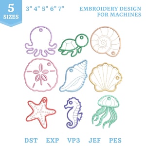 May include: A digital embroidery design set for machines featuring nine marine life outlines including an octopus, turtle, shells, starfish, seahorse, and jellyfish. The text reads 5 SIZES 3" 4" 5" 6" 7" EMBROIDERY DESIGN FOR MACHINES and file formats DST EXP VP3 JEF PES.