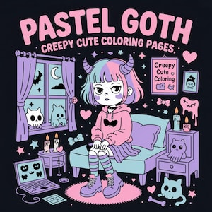 Peut inclure: Illustration "PASTEL GOTH CREEPY CUTE COLORING PAGES" représentant une jeune fille gothique pastel assise sur un lit. L'image comprend un ordinateur portable, des bougies et des éléments gothiques mignons.