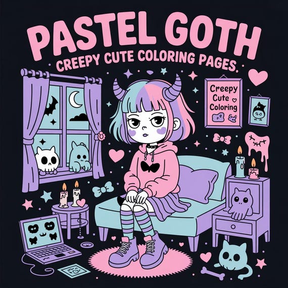 Pastel Goth – 60 Creepy Cute Coloring Pages of Kawaii Goth Girls, Haunted Aesthetics & Soft Spooky Moments, Digital Download