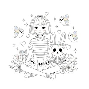 Puede incluir: Ilustraci&oacute;n en blanco y negro de una persona con corte de pelo bob, que lleva una camiseta a rayas y una falda con dise&ntilde;os de calaveras. Un conejito de peluche con dise&ntilde;o de esqueleto est&aacute; en el regazo de la persona. Mariposas y corazones tambi&eacute;n en la imagen.