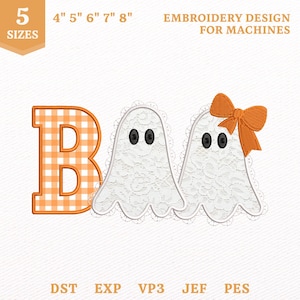 May include: An embroidery design for machines featuring the word BOO. The letter B is orange and white gingham. Two white ghosts with lace textures and black oval eyes follow the letter, with an orange bow on the second ghost. Text includes 5 SIZES, 4" 5" 6" 7" 8", EMBROIDERY DESIGN FOR MACHINES, DST, EXP, VP3, JEF, PES.