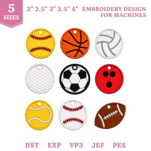 Sports Ball Ith Applique Tag Embroidery File, Baseball Basketball Football Soccer Tennis (Digital Download)