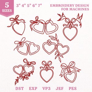 Puede incluir: Una colección de diseños de bordado a máquina en línea roja con varios relicarios en forma de corazón, lazos y detalles florales. El texto incluye 5 SIZES, 3" 4" 5" 6" 7", EMBROIDERY DESIGN FOR MACHINES y formatos DST, EXP, VP3, JEF, PES.