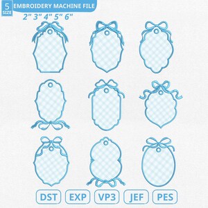 May include: Nine blue and white gingham patterned embroidery machine file designs in various shapes, each with a blue ribbon. The text "5 EMBROIDERY MACHINE FILE" and sizes from 2" to 6" are displayed. File types include DST, EXP, VP3, JEF, and PES.