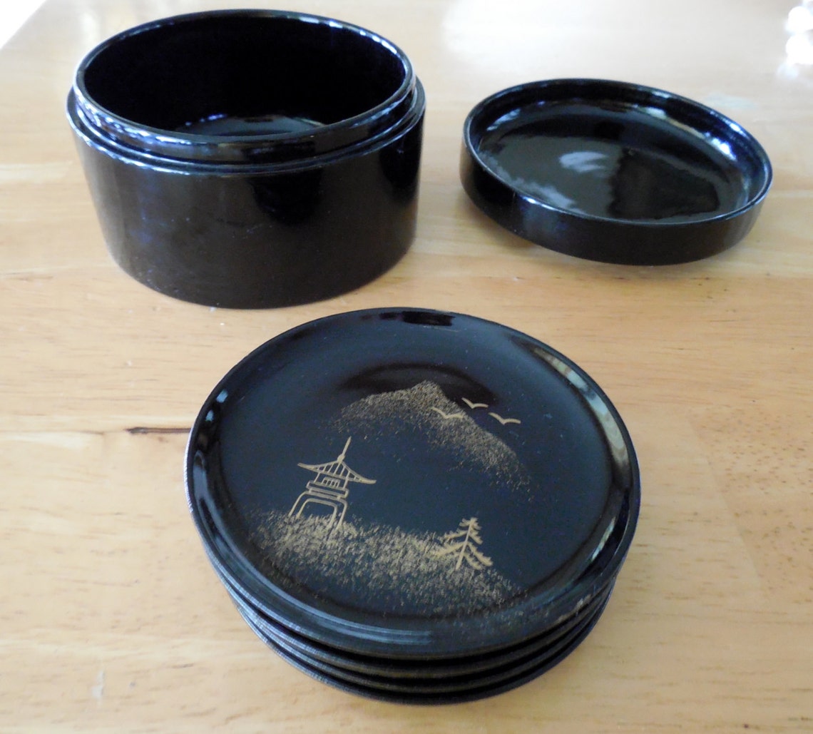Vintage Black Lacquer Japanese Coasters Set of 4 Japanese Etsy