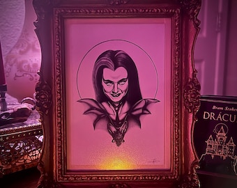 Lily Munster konsttryck – Gotisk illustration, klassisk skräck, gotisk dekor, mörk akademisk konst, klassisk monsterkonst, Munstertryck