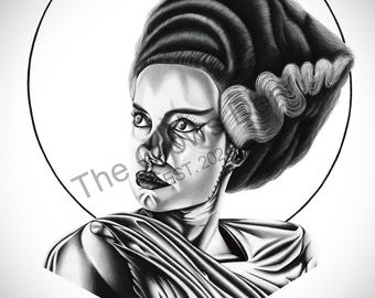 Lámina artística de La novia de Frankenstein - Decoración de pared gótica de Dark Academia, arte literario gótico, icono del terror feminista