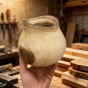 Op de afbeelding: Een met de hand gedraaide houten kom met een ronde, bolvormige body en een brede, onregelmatige opening. Het lichtgekleurde hout heeft een opvallende, donkere ronde knoest aan de zijkant en zichtbare natuurlijke nerven over het oppervlak.