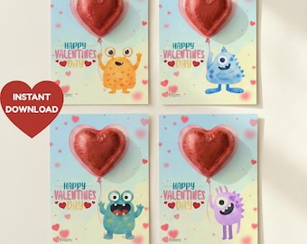 Biglietti di San Valentino stampabili a forma di mostro, biglietti di San Valentino fai da te per bambini, porta-cuore di cioccolato (download PDF)