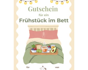 Gutschein Frühstück im Bett Vorlage zum Ausdrucken, Gutschein im Bett frühstücken, Frühstück machen, Gemütliche Zeit verschenken PDF A4 A5