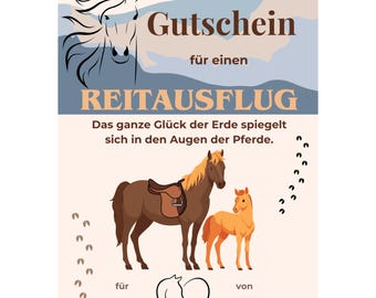 Gutschein Reitausflug Vorlage zum Ausdrucken, Pferde Ausritt Gutscheinkarte, Geschenk Reiten, Reitwochenende, Reiterferien PDF A4 A5