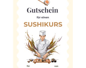 Gutschein Sushikurs Vorlage zum Ausdrucken, Sushi selbst machen Geschenk, Sushi Making Class, Gutschein Essen Geschenkidee PDF A4 A5