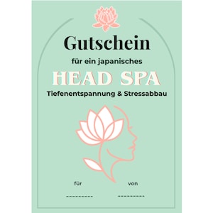 Könnte beinhalten: Ein hellgrüner Gutschein mit dem Wort "Gutschein" in Schwarz. Der Gutschein ist für ein "HEAD SPA" und zeigt eine Lotusblume und ein Frauenprofil in Rosa.