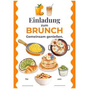 Könnte beinhalten: Eine Einladung zum Brunch mit Illustrationen von Frühstücksgerichten, darunter Rührei, Pfannkuchen, Avocado-Toast und eine Schüssel Müsli. Der Text lautet "Einladung zum Brunch" und "Gemeinsam genießen."