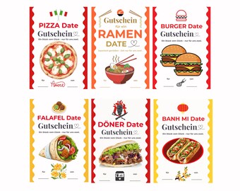 Gutschein Essen gehen Set Date Ideen Vorlage zum Ausdrucken, Restaurant Gutscheinkarte , Foodie Geschenk, Burger essen, 6er Bundle PDF A4 A5