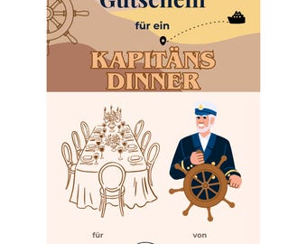 Kapitänsdinner Gutschein Vorlage zum Ausdrucken, Captains Dinner,  Abendessen Kreuzfahrtschiff, Galadinner Schiff, Kapitänsabend PDF A4 A5