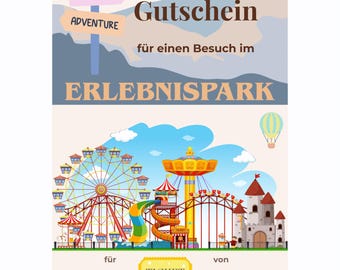Gutschein Erlebnispark Vorlage zum Ausdrucken, Spaßpark Ticket, Geschenk Erlebnistag, Ausflug Familie, Themenpark Gutscheinkarte PDF A4 A5