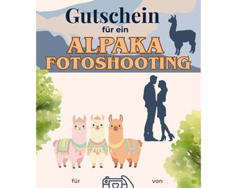 Gutschein Alpaka Fotoshooting Vorlage zum Ausdrucken, Paarshooting Gutscheinkarte, Geschenk Fotos mit Alpakas, Gutschein Paar Foto PDF A4 A5