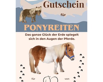 Gutschein Ponyreiten Vorlage zum Ausdrucken, Geführtes Reiten auf Pony, Geschenk Kindergeburtstag, Ausflug Ponyhof, Kinderreiten PDF A4 A5