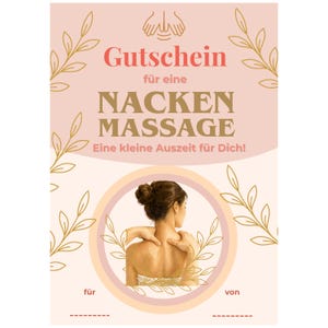 Gutschein Nackenmassage Vorlage zum Ausdrucken, Schulter-Nacken Massage, Wellness Gutscheinkarte, Geschenk Massagegutschein,  PDF A4 A5