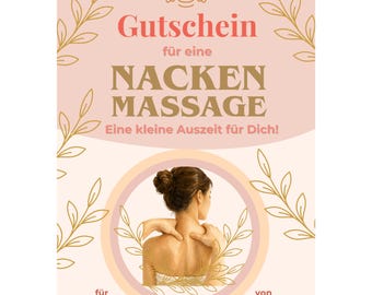 Gutschein Nackenmassage Vorlage zum Ausdrucken, Schulter-Nacken Massage, Wellness Gutscheinkarte, Geschenk Massagegutschein,  PDF A4 A5