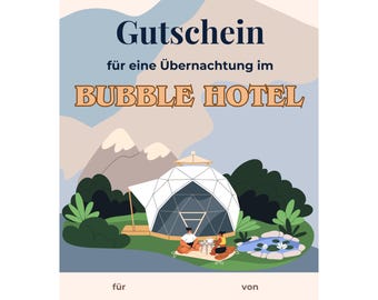 Gutschein Bubble Hotel Vorlage zum Ausdrucken, Übernachtung Bubble Tent, Sternenhimmel Glamping Geschenk, Dome Tent Geldgeschenk PDF A4 A5