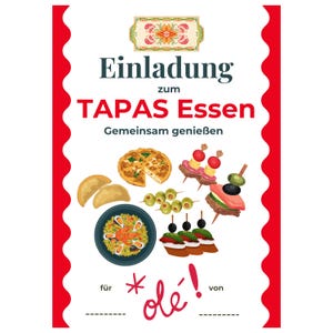 Könnte beinhalten: Eine rot-weiße Einladungskarte mit den Worten "Einladung zum TAPAS Essen" und Illustrationen von Tapas. Die Karte hat einen dekorativen Rand und Platz für Personalisierungen.