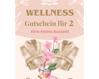 Wellness Gutschein für 2 Vorlage zum Ausdrucken, Wellnessgutschein für zwei Personen, Spa Tag Geschenk, Wellnesswochenende Pärchen PDF A4 A5