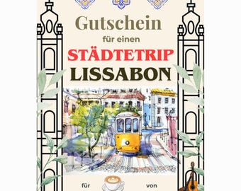 Gutschein Städtetrip Lissabon Vorlage zum Ausdrucken, Reisegutschein Kurztrip, Wochenendtrip Portugal, Geldgeschenk Urlaub PDF A4 A5