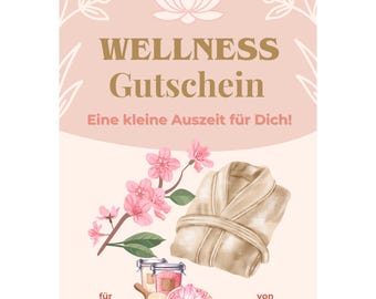 Wellness Gutschein Vorlage zum Ausdrucken,Therme, Spa & Sauna, Geldgeschenk Wellnessgutschein, Geschenk Entspannung und Erholung PDF A4 A5