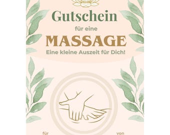Massage Gutschein Vorlage zum Ausdrucken, Wellness Gutscheinkarte, Geldgeschenk Massage schön verpacken, Auszeit verschenken PDF A4 A5