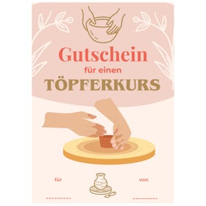 Könnte beinhalten: Ein rechteckiger Gutschein mit hellrosa Hintergrund, der eine Strichzeichnung von Händen mit einer Schale, den Text Gutschein für einen TÖPFERKURS, eine Illustration von Händen an einer Töpferscheibe sowie ein kleines Vasensymbol mit Namenszeilen zeigt.