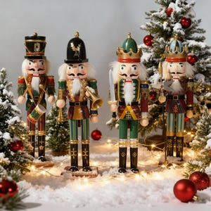 Op de afbeelding: Vier decoratieve houten notenkrakers in feestelijke kleding staan in een besneeuwde scène met kerstbomen en ornamenten. Elke notenkraker is beschilderd met levendige kleuren en gedetailleerde uniformen en houdt verschillende instrumenten vast.