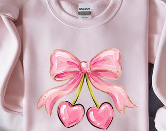 Cherry Bow Brushstroke Sweatshirt, Bow Cherry T-Shirt, Cute Cherry Shirt, Pink Bow Cherry Tee, Vintage Valentines Day Shirt VL60