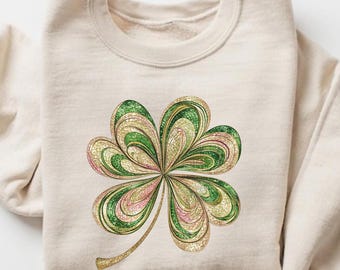 Retro Shamrock Sweatshirt, Womens Shenanigans Shirt, Cute St Patricks Day Tee, Lucky Sweatshirt, Irish Glitter Efect Four Leaf Clover ST1