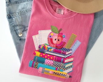 Comfort Colors® Faux Patchwork Teacher Shirt, Spring Teacher Teams Tee, Back to School Apple T-Shirt, Teacher Appreciation New Teacher SC18