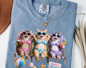 Comfort Colors Summer Cat Shirt Beach Cat Lover Shirt For Women Youth Kids Cute Cat Tee Vacation Tropical Cat Shirt Funny Cat Tshirt SM13