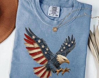 Comfort Colors® Faux Patchwork American Eagle Shirt, USA Flag Tee, Vintage Patriotic Graphic Shirt, Fourth of July Shirt, PK82